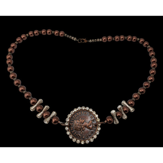 Vintage 1960 New Zealand Penny Necklace Queen Elizabeth II Beaded Pendant Necklace