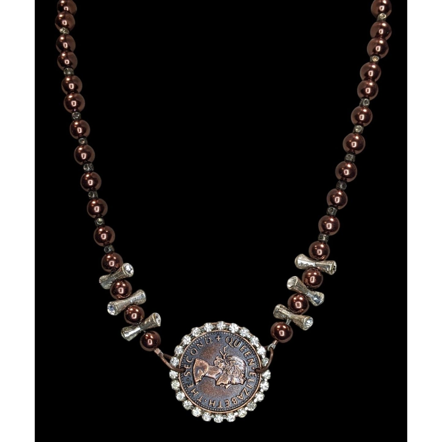 Vintage 1960 New Zealand Penny Necklace Queen Elizabeth II Beaded Pendant Necklace