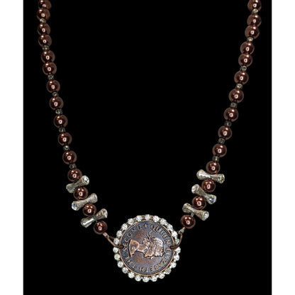 Vintage 1960 New Zealand Penny Necklace Queen Elizabeth II Beaded Pendant Necklace