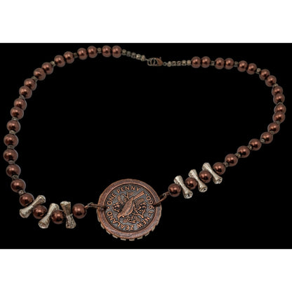 Vintage 1960 New Zealand Penny Necklace Queen Elizabeth II Beaded Pendant Necklace
