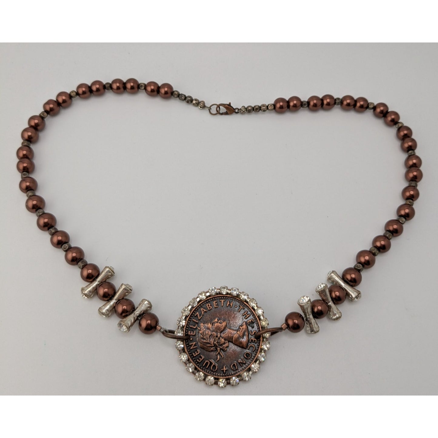 Vintage 1960 New Zealand Penny Necklace Queen Elizabeth II Beaded Pendant Necklace