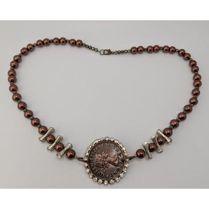 Vintage 1960 New Zealand Penny Necklace Queen Elizabeth II Beaded Pendant Necklace