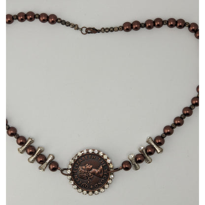Vintage 1960 New Zealand Penny Necklace Queen Elizabeth II Beaded Pendant Necklace