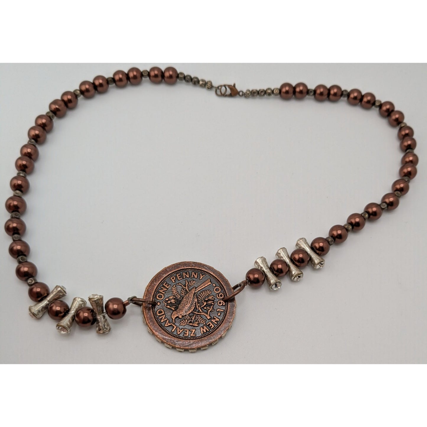 Vintage 1960 New Zealand Penny Necklace Queen Elizabeth II Beaded Pendant Necklace