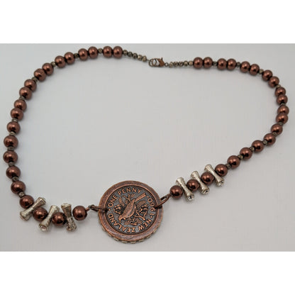 Vintage 1960 New Zealand Penny Necklace Queen Elizabeth II Beaded Pendant Necklace