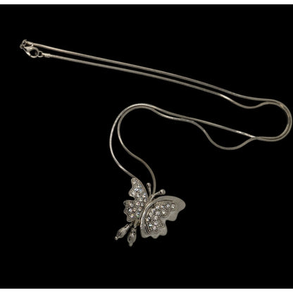 Fairy Silver Butterfly Pendant Necklace Rhinestone Sparkle Y2K Whimsical