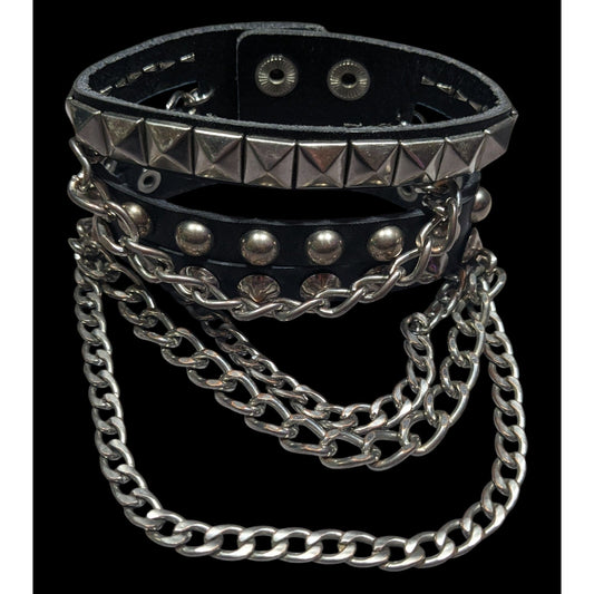 Gothic Punk Studded Chained Black And Silver Tone Bracelet