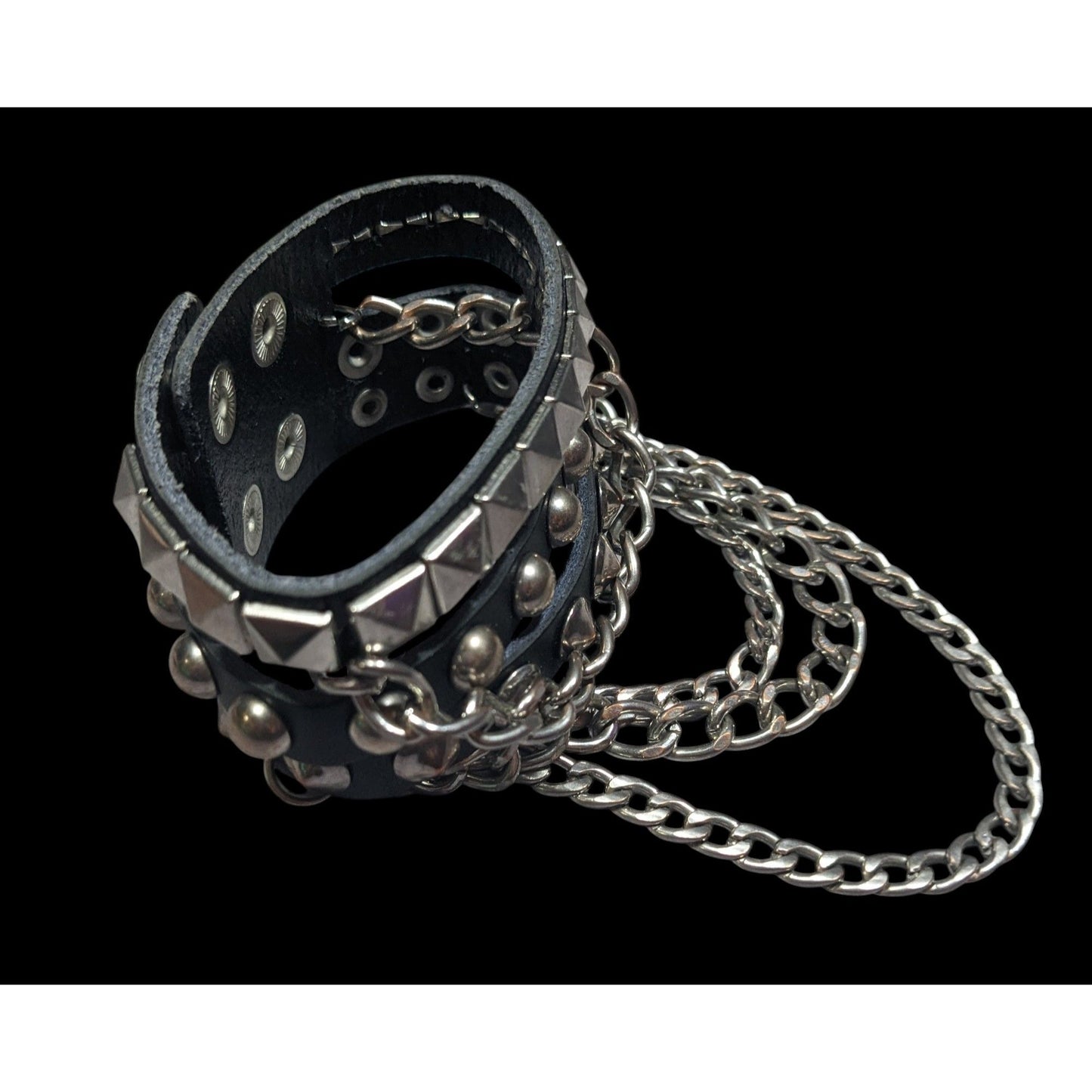 Gothic Punk Studded Chained Black And Silver Tone Bracelet