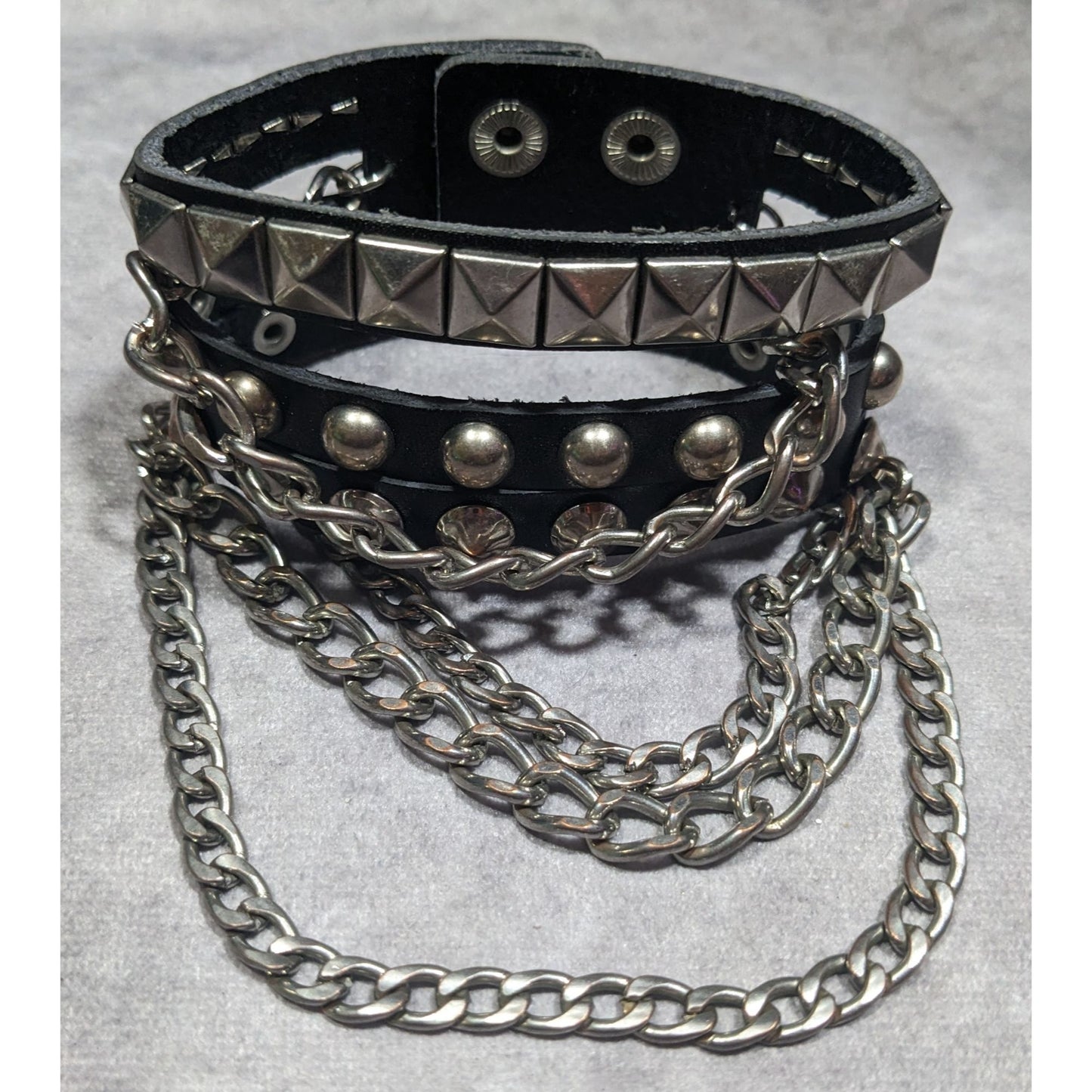 Gothic Punk Studded Chained Black And Silver Tone Bracelet