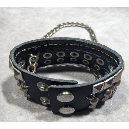 Gothic Punk Studded Chained Black And Silver Tone Bracelet