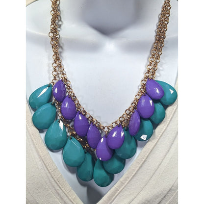 90s Themed Purple And Turquoise Gemmed Layered Fringe Necklace