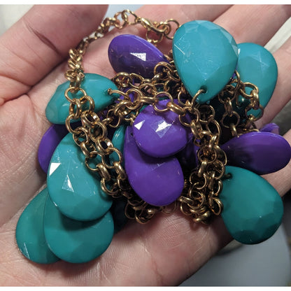 90s Themed Purple And Turquoise Gemmed Layered Fringe Necklace