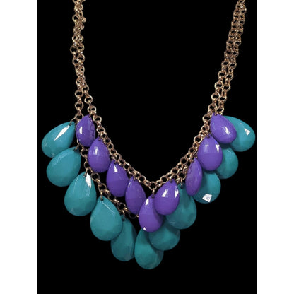 90s Themed Purple And Turquoise Gemmed Layered Fringe Necklace