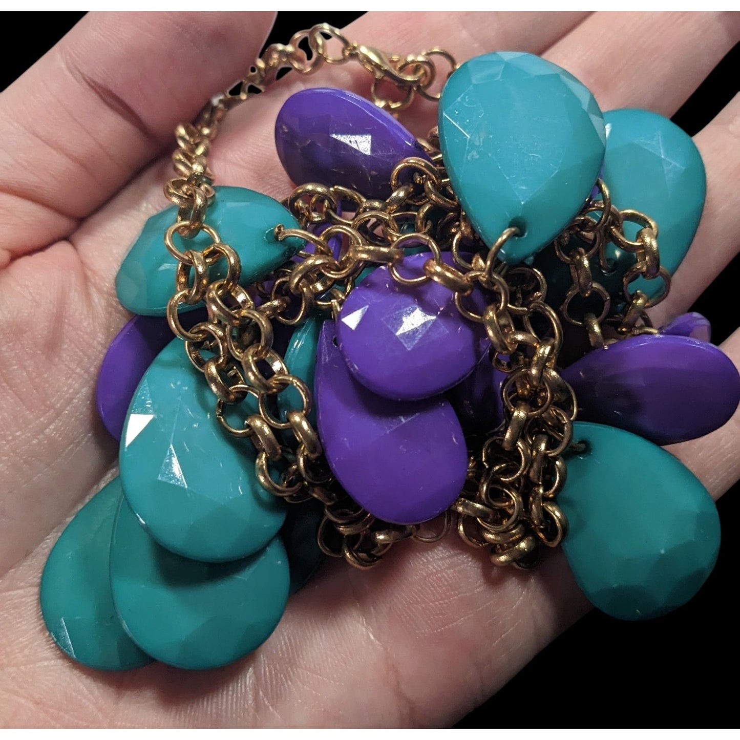 90s Themed Purple And Turquoise Gemmed Layered Fringe Necklace