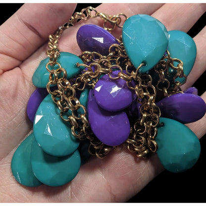 90s Themed Purple And Turquoise Gemmed Layered Fringe Necklace