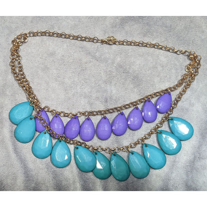 90s Themed Purple And Turquoise Gemmed Layered Fringe Necklace