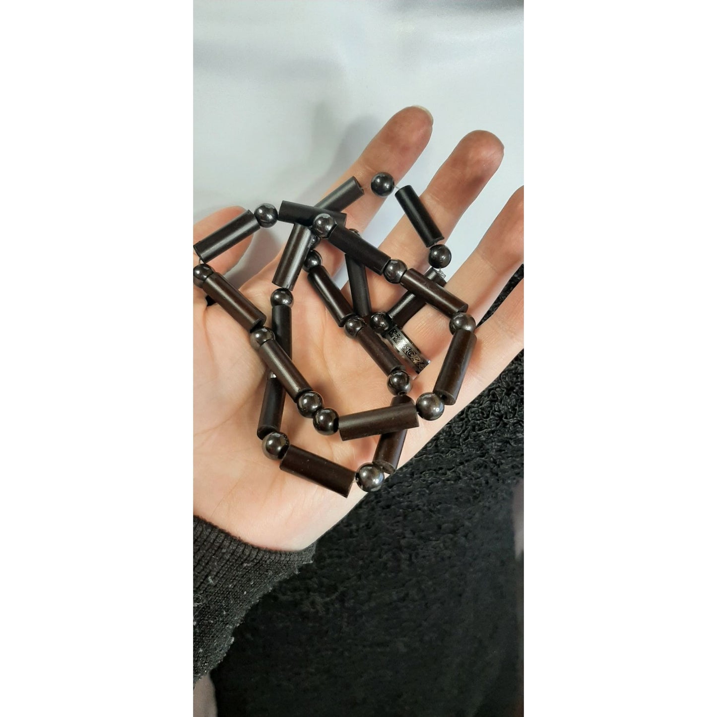 Boho Chic Dyed Wood And Hematite Beaded Necklace