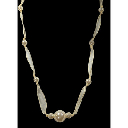 Coquette Pearl Ribbon Tie On Station Necklace