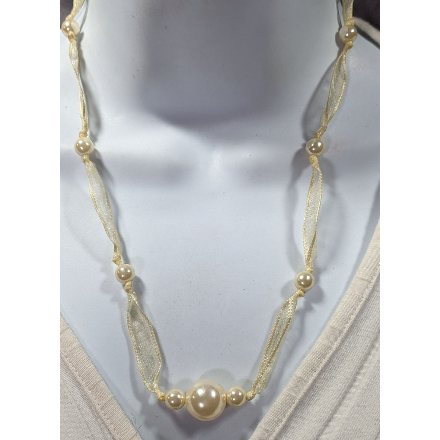 Coquette Pearl Ribbon Tie On Station Necklace