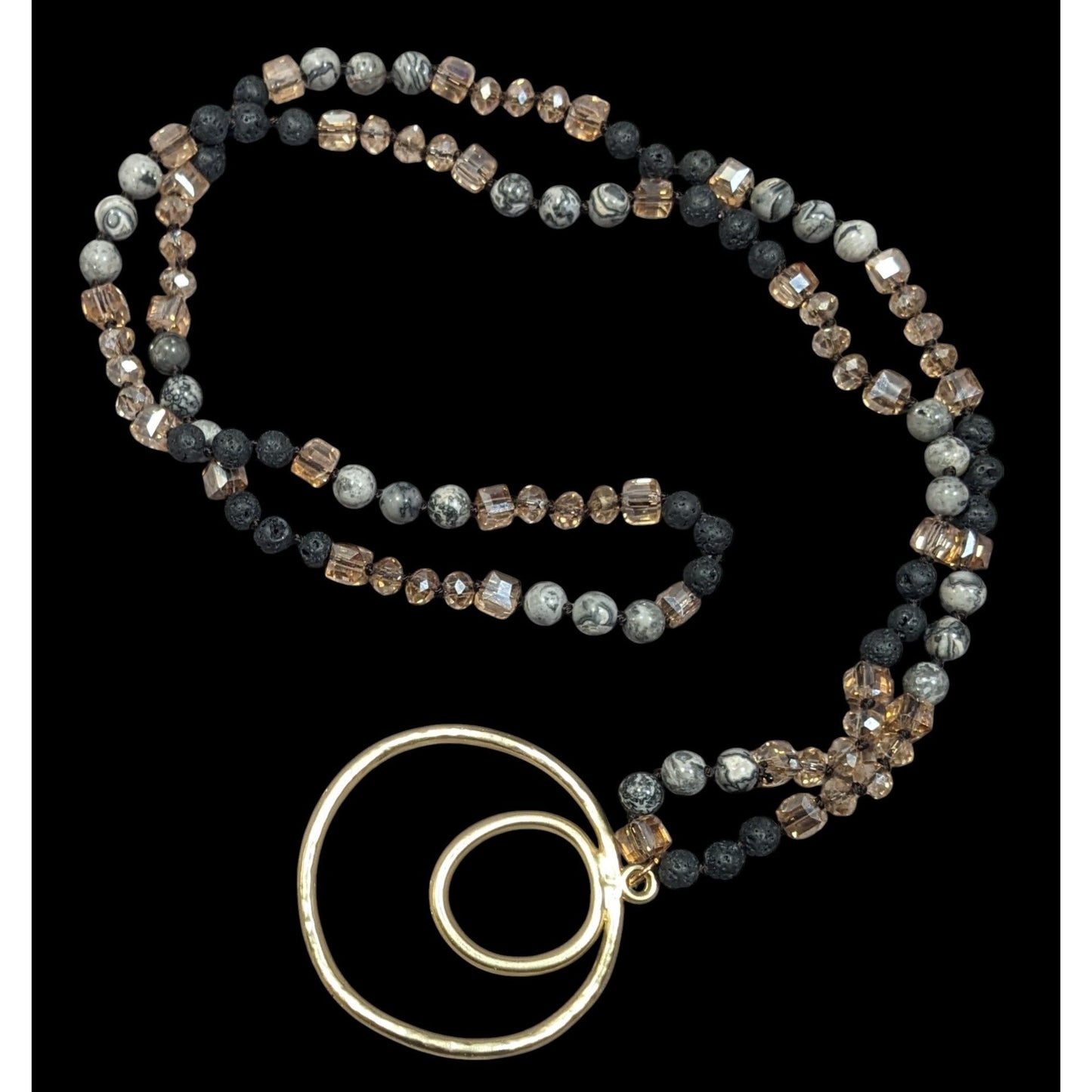 Bohemian Stone And Glass Beaded Necklace With Open Circle Gold Tone Pendant