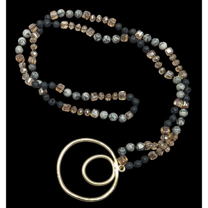 Bohemian Stone And Glass Beaded Necklace With Open Circle Gold Tone Pendant