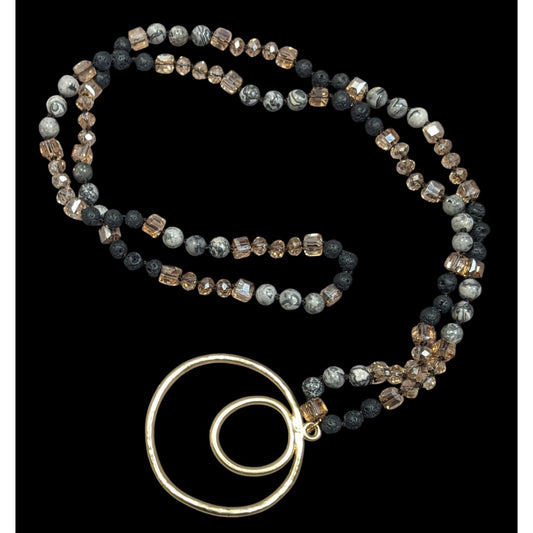 Bohemian Stone And Glass Beaded Necklace With Open Circle Gold Tone Pendant