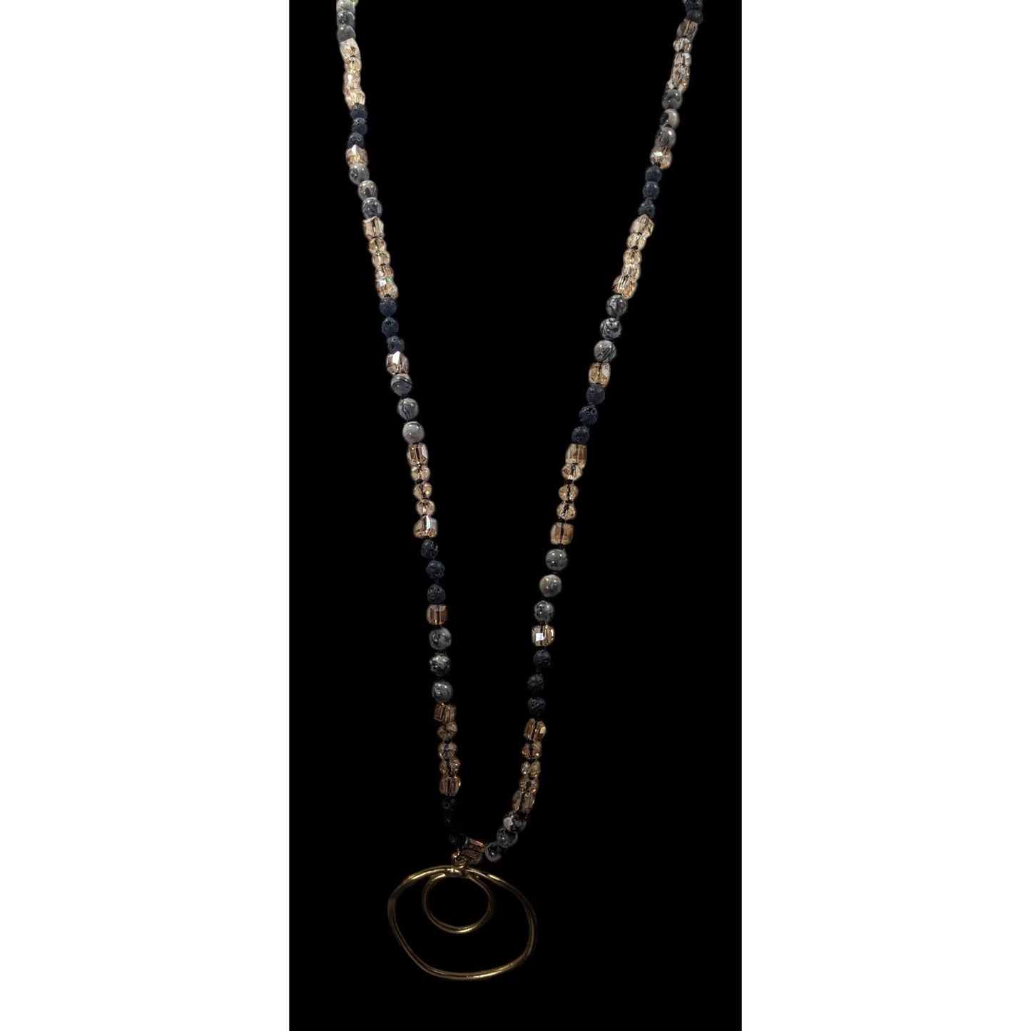 Bohemian Stone And Glass Beaded Necklace With Open Circle Gold Tone Pendant