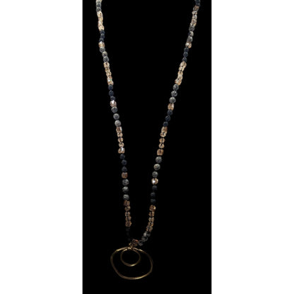 Bohemian Stone And Glass Beaded Necklace With Open Circle Gold Tone Pendant