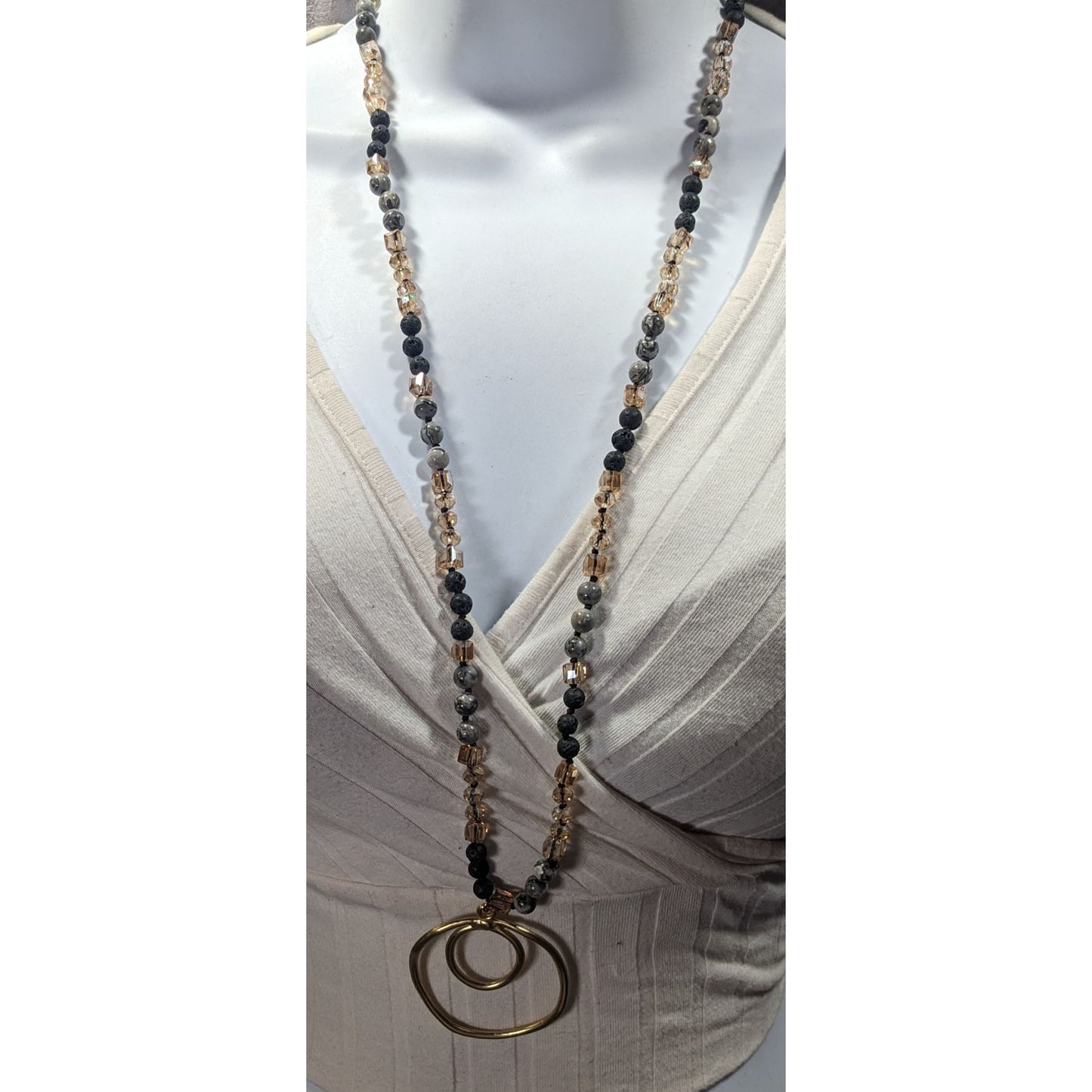 Bohemian Stone And Glass Beaded Necklace With Open Circle Gold Tone Pendant