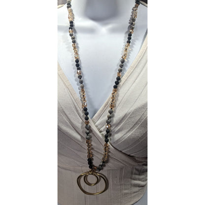 Bohemian Stone And Glass Beaded Necklace With Open Circle Gold Tone Pendant