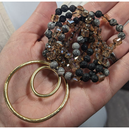 Bohemian Stone And Glass Beaded Necklace With Open Circle Gold Tone Pendant