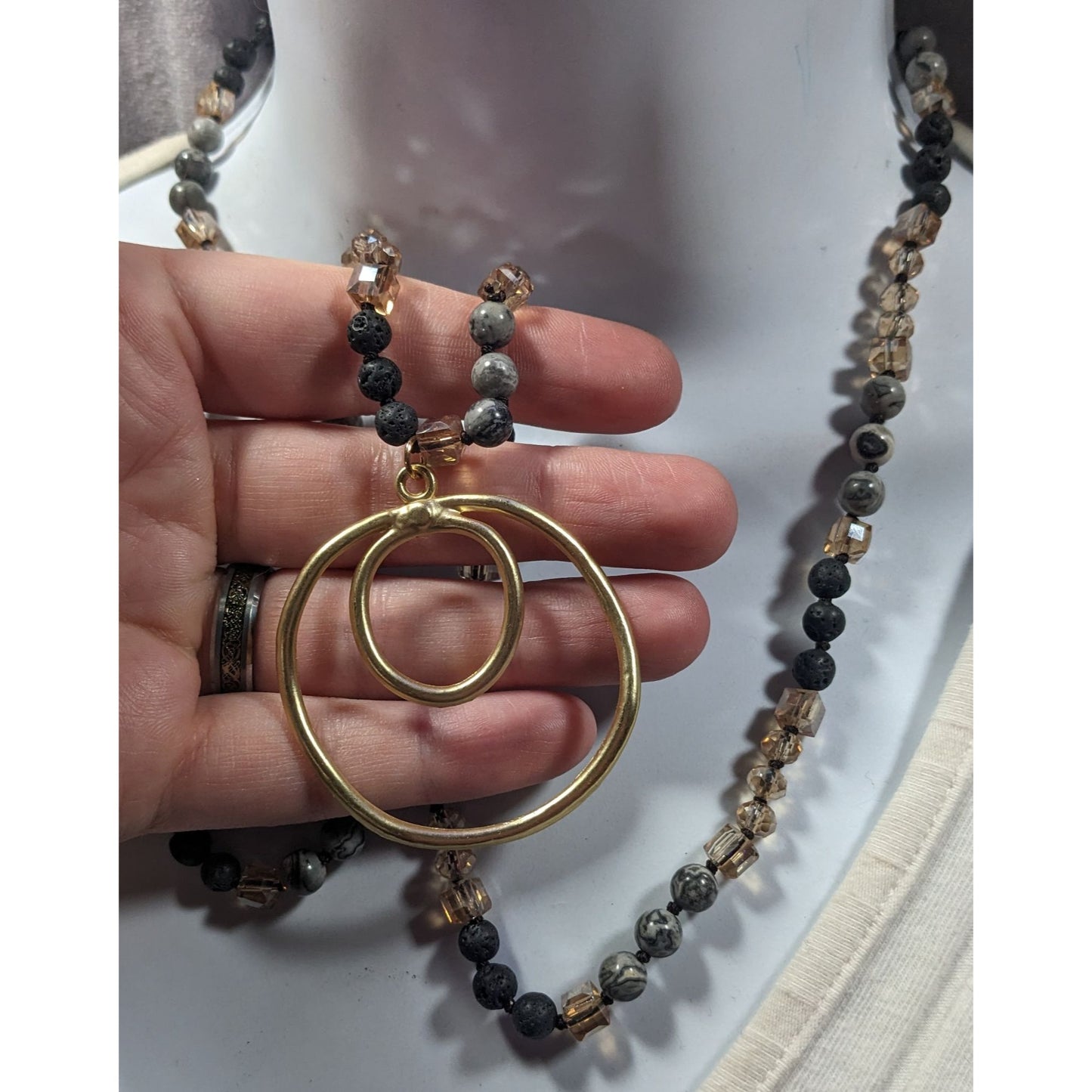 Bohemian Stone And Glass Beaded Necklace With Open Circle Gold Tone Pendant