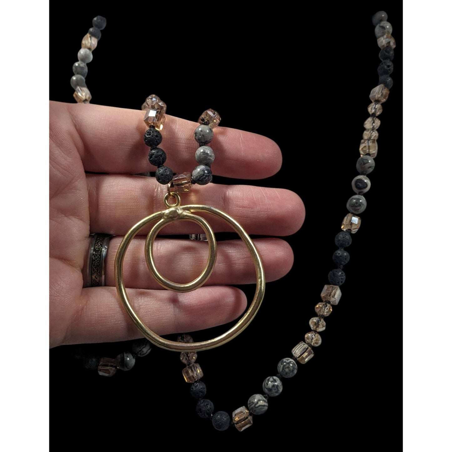 Bohemian Stone And Glass Beaded Necklace With Open Circle Gold Tone Pendant