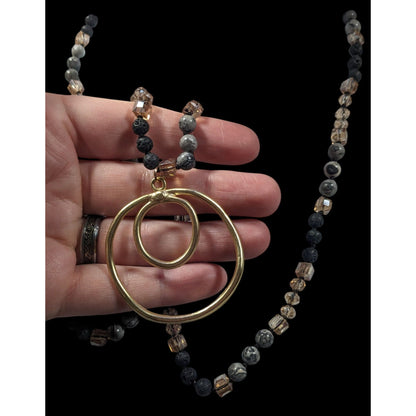Bohemian Stone And Glass Beaded Necklace With Open Circle Gold Tone Pendant
