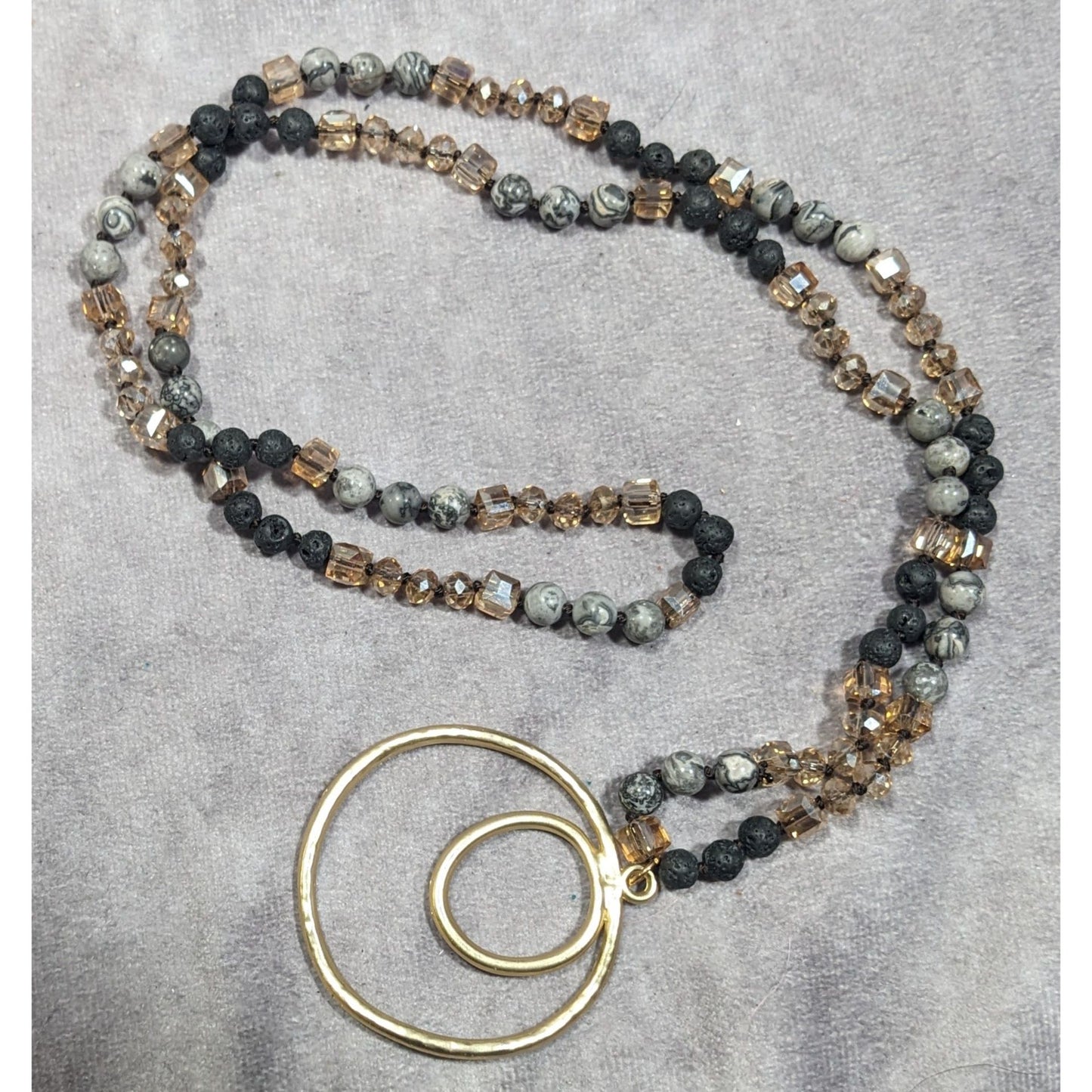 Bohemian Stone And Glass Beaded Necklace With Open Circle Gold Tone Pendant