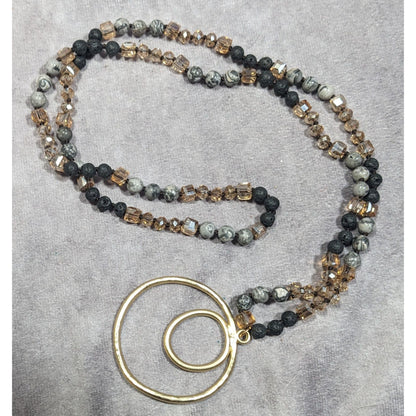 Bohemian Stone And Glass Beaded Necklace With Open Circle Gold Tone Pendant