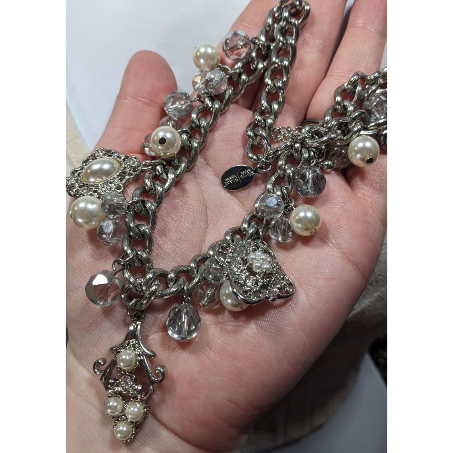 White House Black Market Victorian Style Charm Necklace With Faux Pearls And Glass Beads