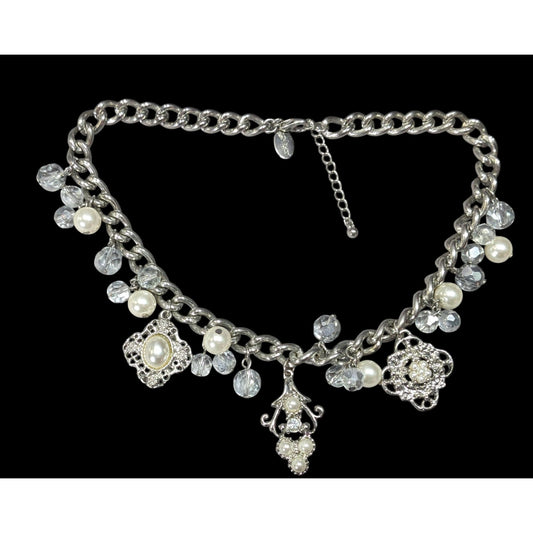 White House Black Market Victorian Style Charm Necklace With Faux Pearls And Glass Beads