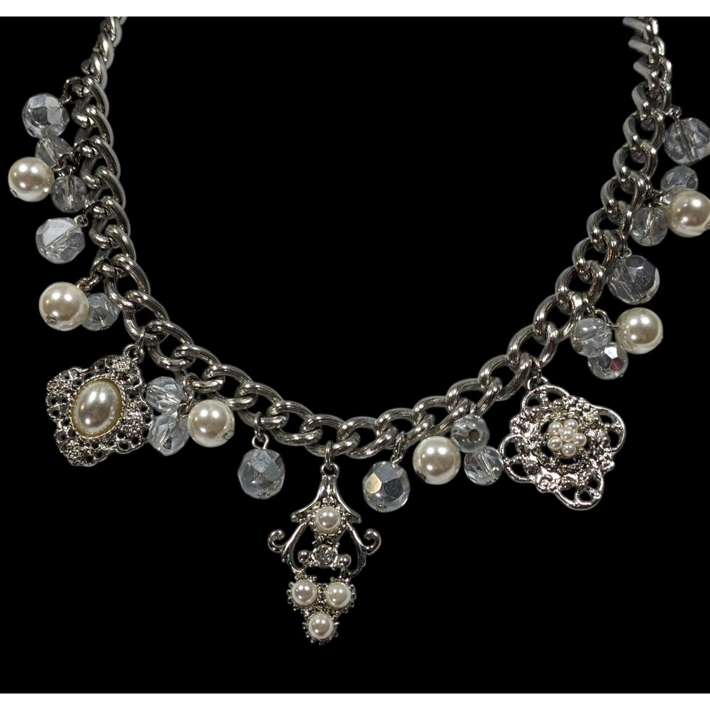 White House Black Market Victorian Style Charm Necklace With Faux Pearls And Glass Beads