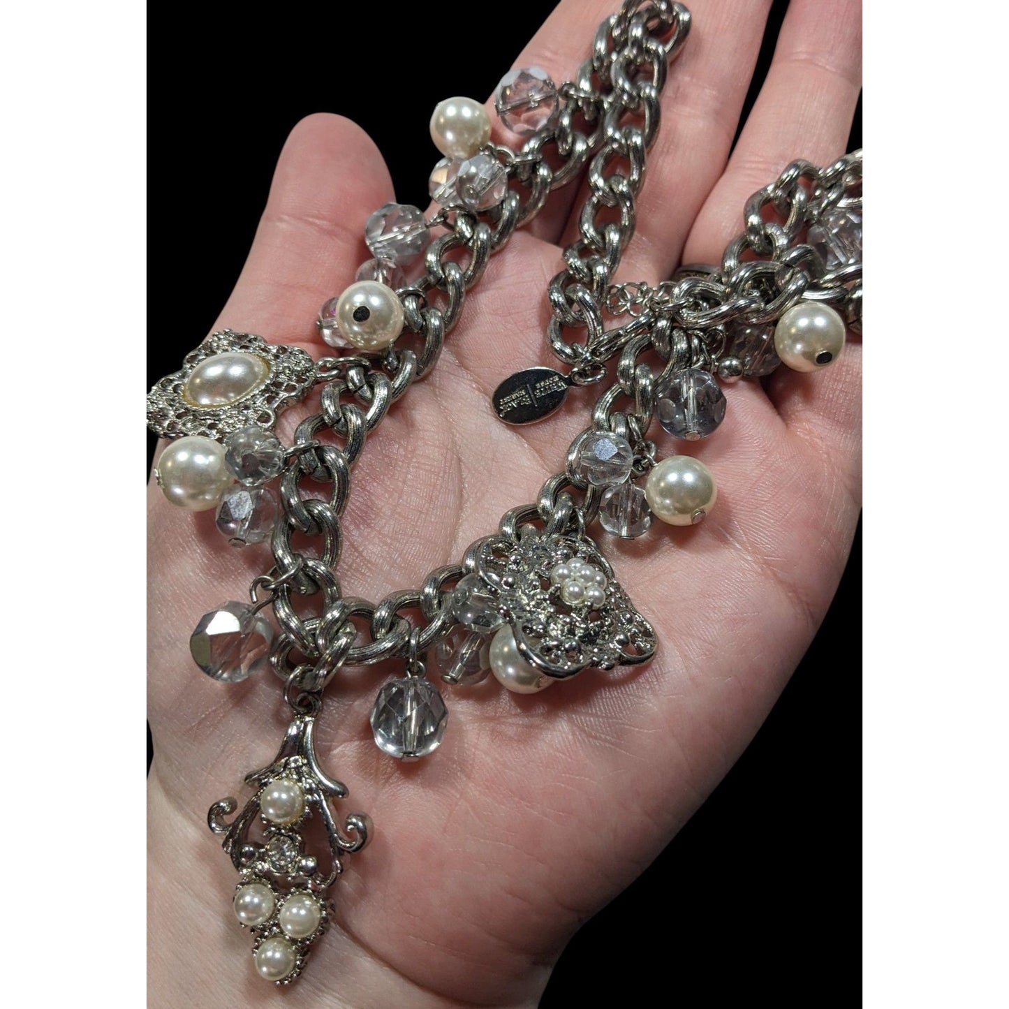 White House Black Market Victorian Style Charm Necklace With Faux Pearls And Glass Beads