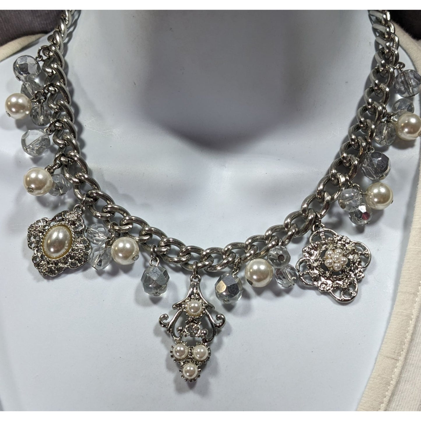 White House Black Market Victorian Style Charm Necklace With Faux Pearls And Glass Beads
