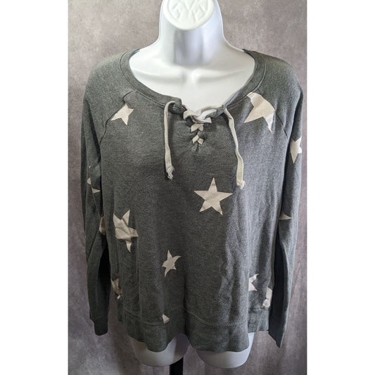 SO Perfect Crew Gray Star Print Lace-Up Sweatshirt Size L Made In Indonesia Soft Cotton Blend Casual Style