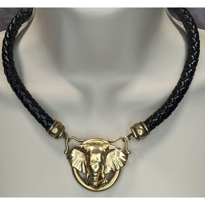 Elephant Pendant Necklace With Braided Black Cord & Gold-Tone Accents