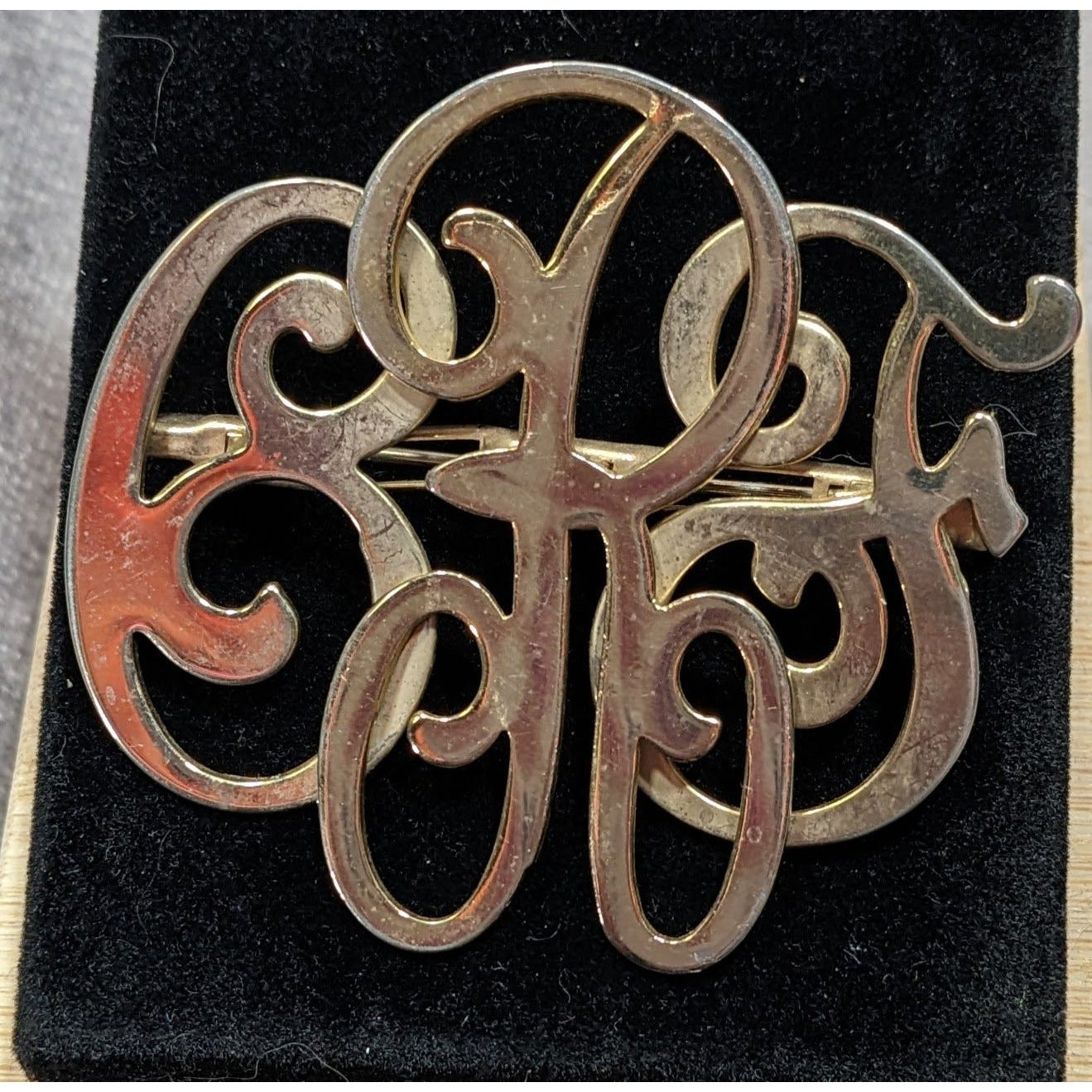 Vintage Cursive Monogram Brooch BRF Gold Tone