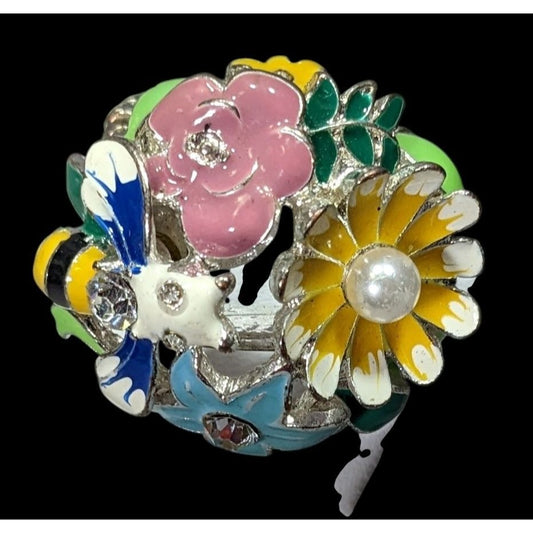Cottagecore Colorful Floral & Bee Stretch Costume Ring With Rhinestones & Pearl Accents