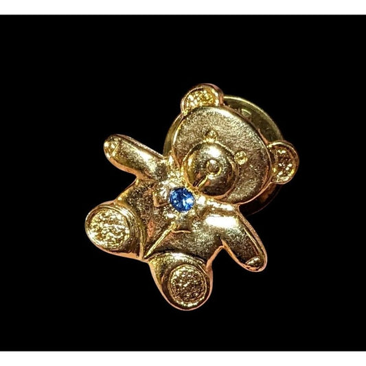 Vintage Gold Tone Teddy Bear Lapel Pin With Blue Rhinestone Accent