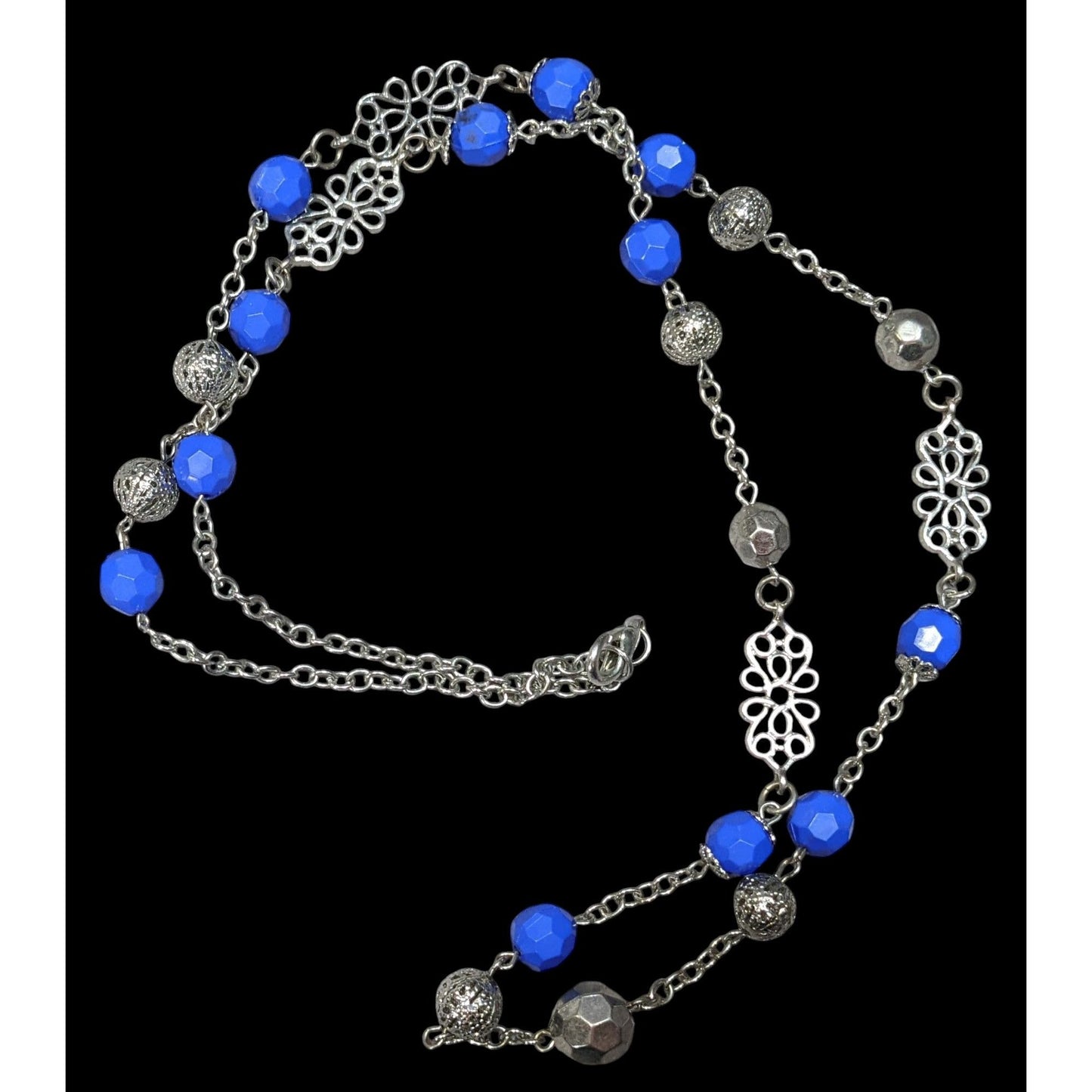 Floral Blue And Silver Tone Beaded Necklace