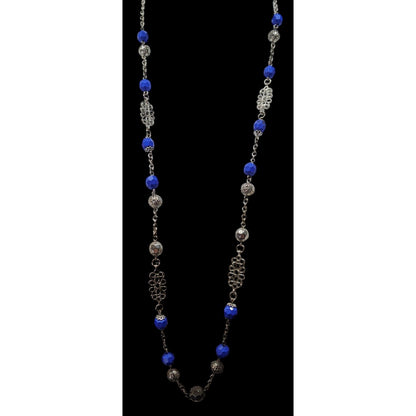Floral Blue And Silver Tone Beaded Necklace