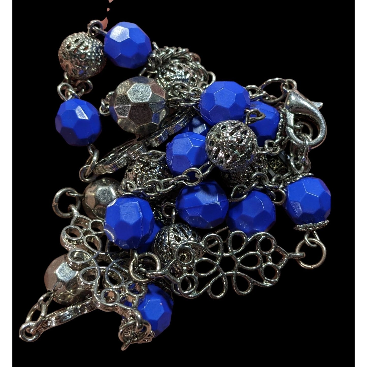 Floral Blue And Silver Tone Beaded Necklace
