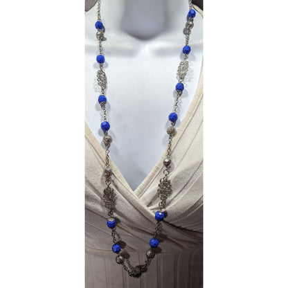 Floral Blue And Silver Tone Beaded Necklace